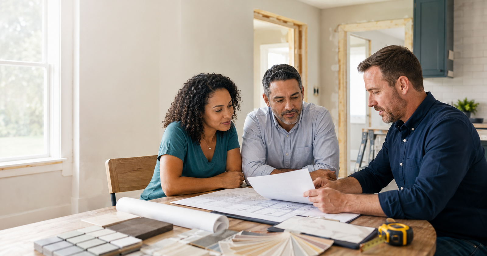 Homeowners reviewing a renovation proposal with a contractor