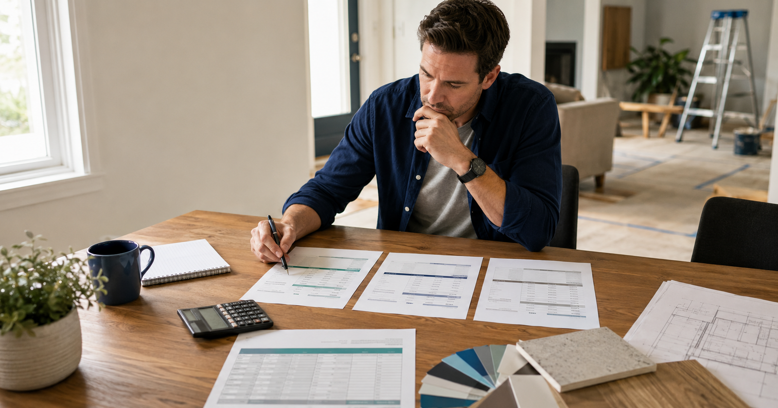 Homeowner comparing three contractor proposals and project costs