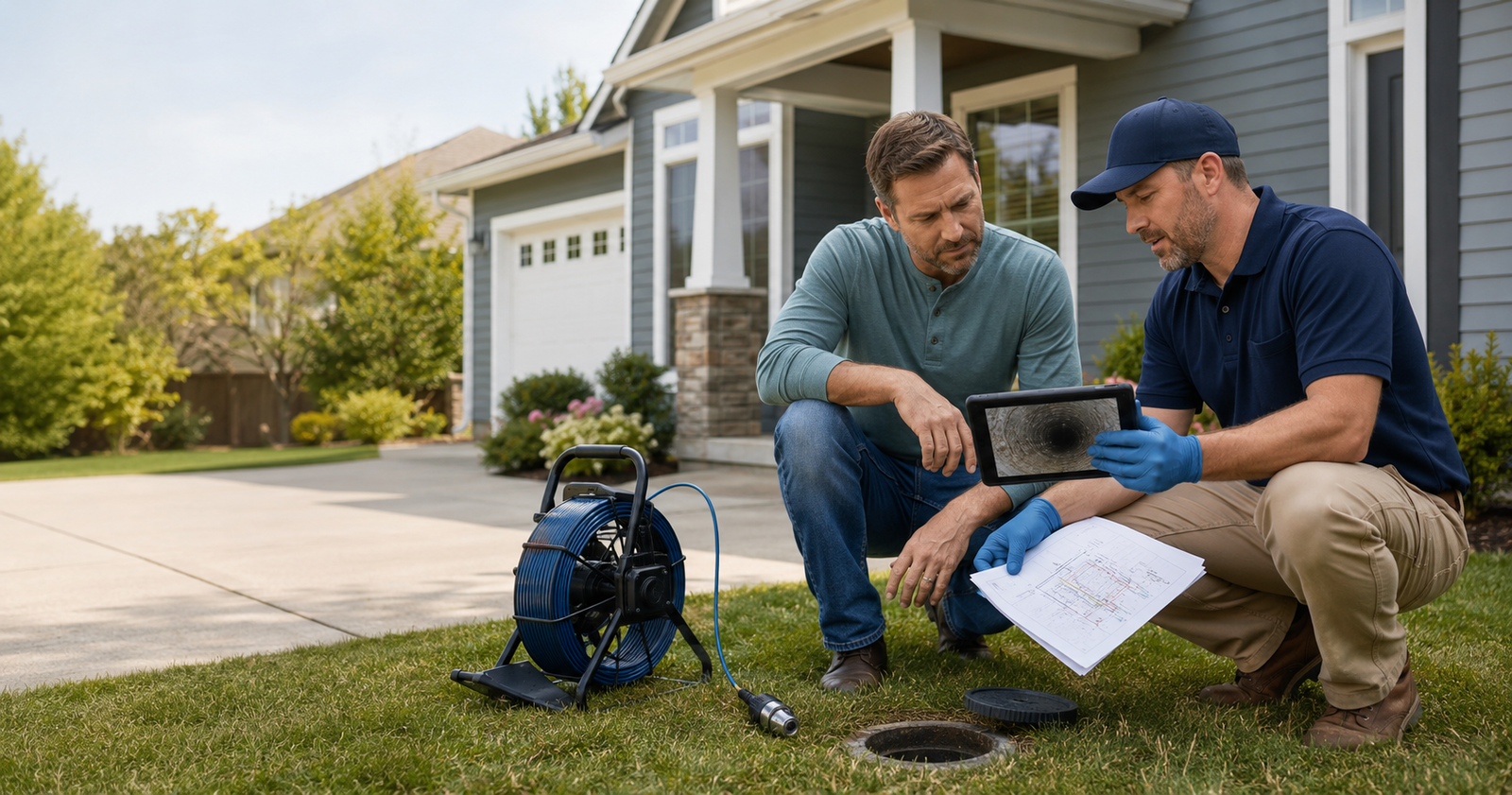 Homeowner reviewing sewer camera findings with a contractor