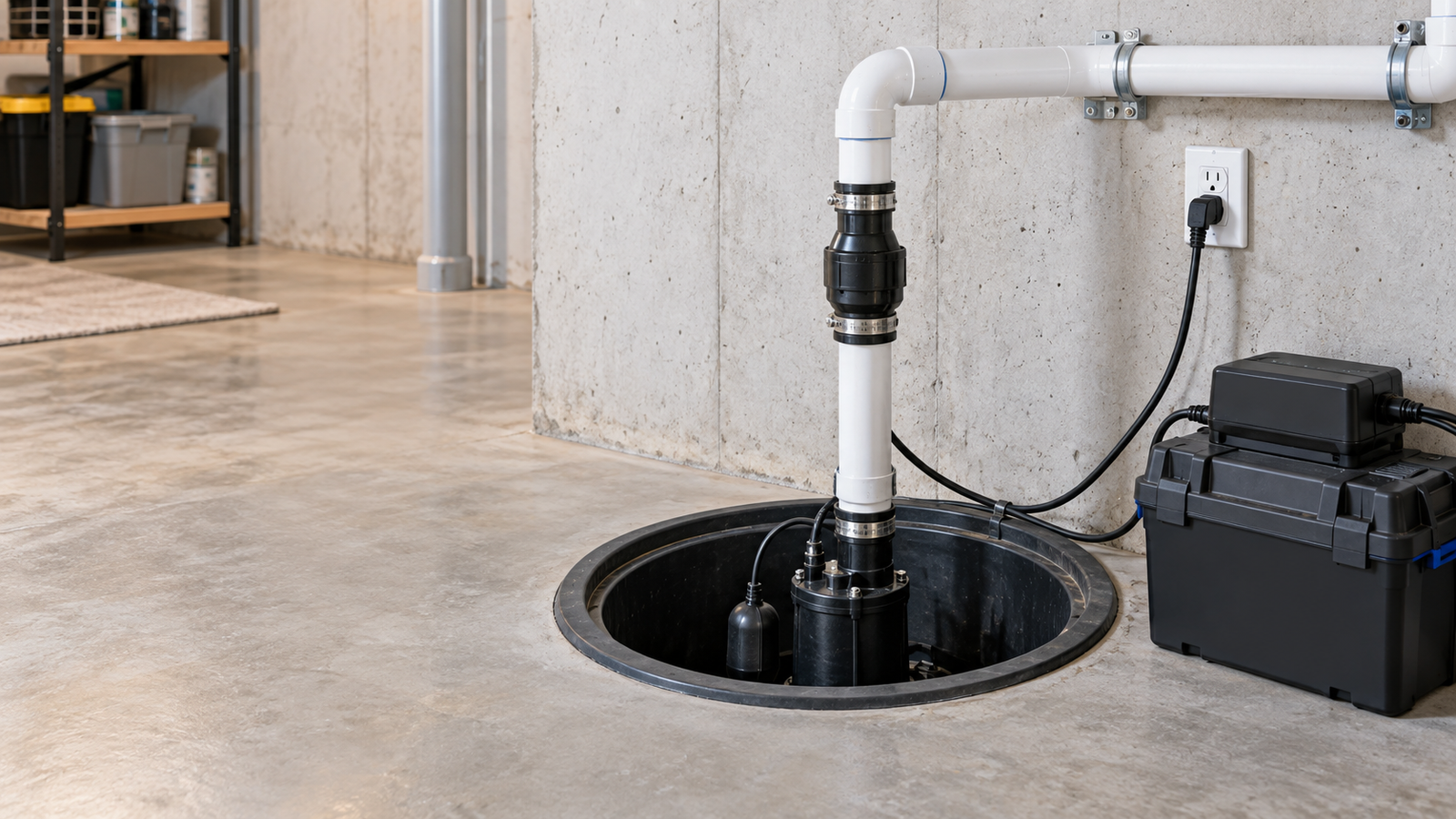 Residential sump pump replacement with discharge pipe and backup system