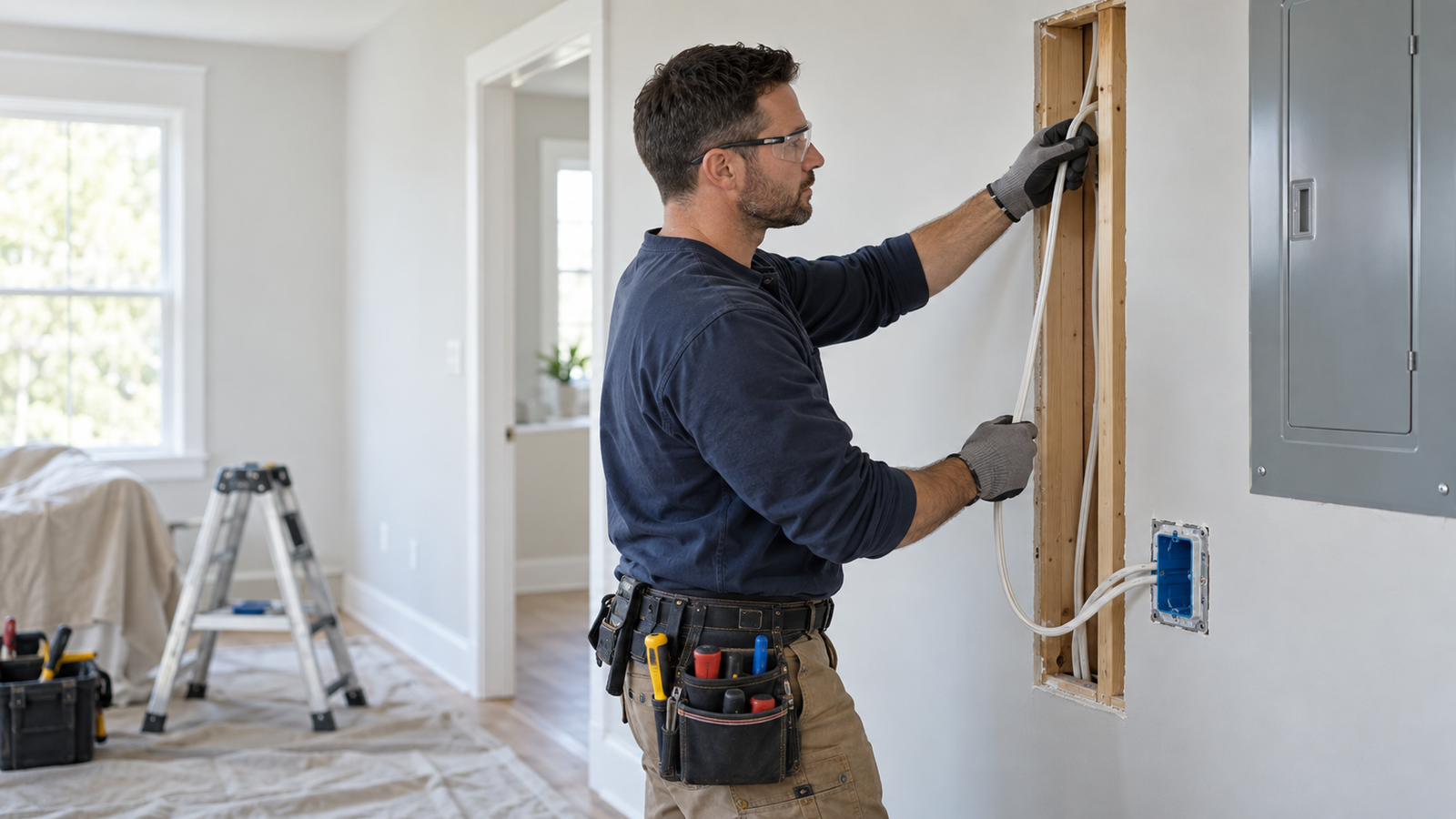 Professional electrician installing new wiring during a home rewiring project