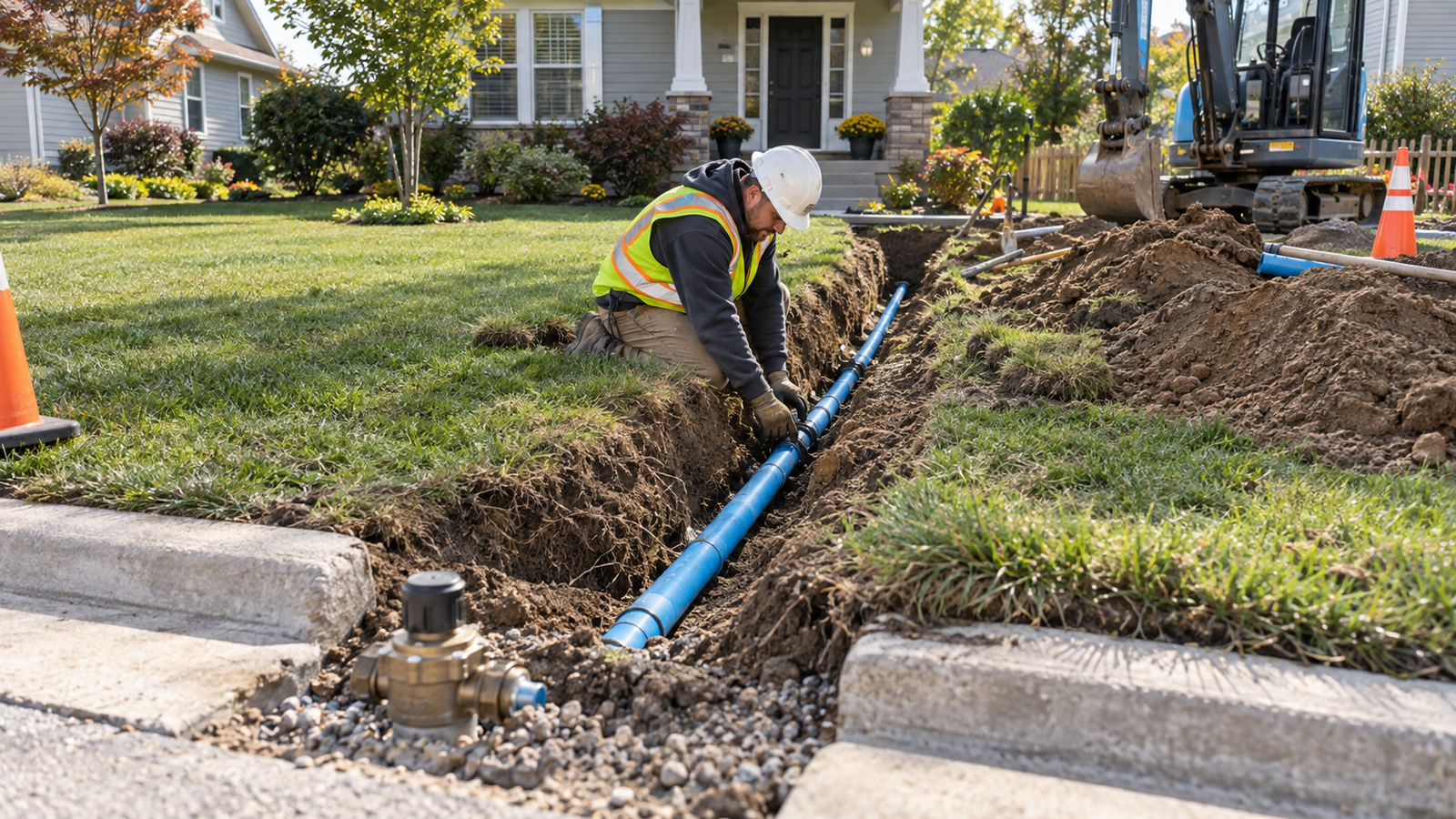 Contractor installing a residential main water service line