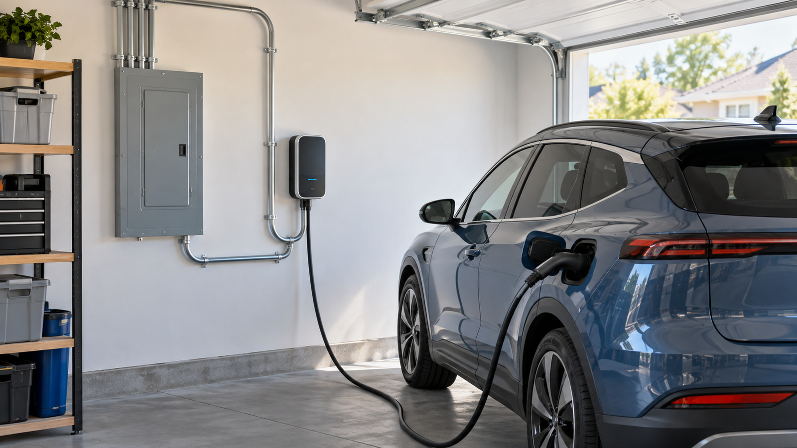 Level 2 EV charger installed beside an electric vehicle in a residential garage