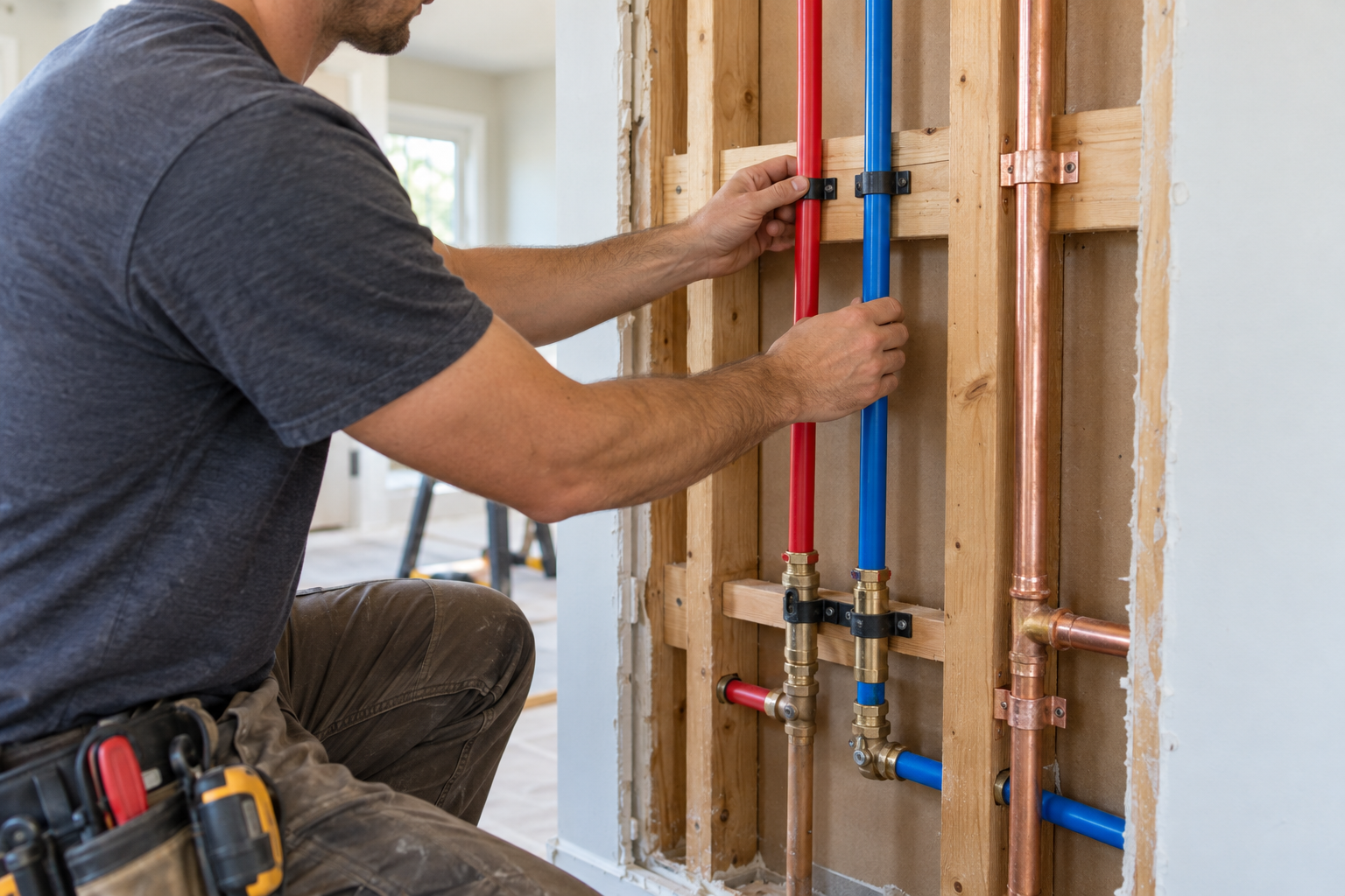 Plumber installing red and blue PEX pipes beside copper water-supply piping inside a house wall