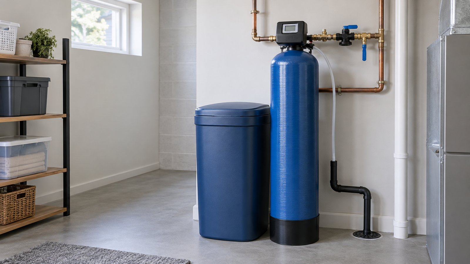 Whole-house water softener installed in a residential utility room