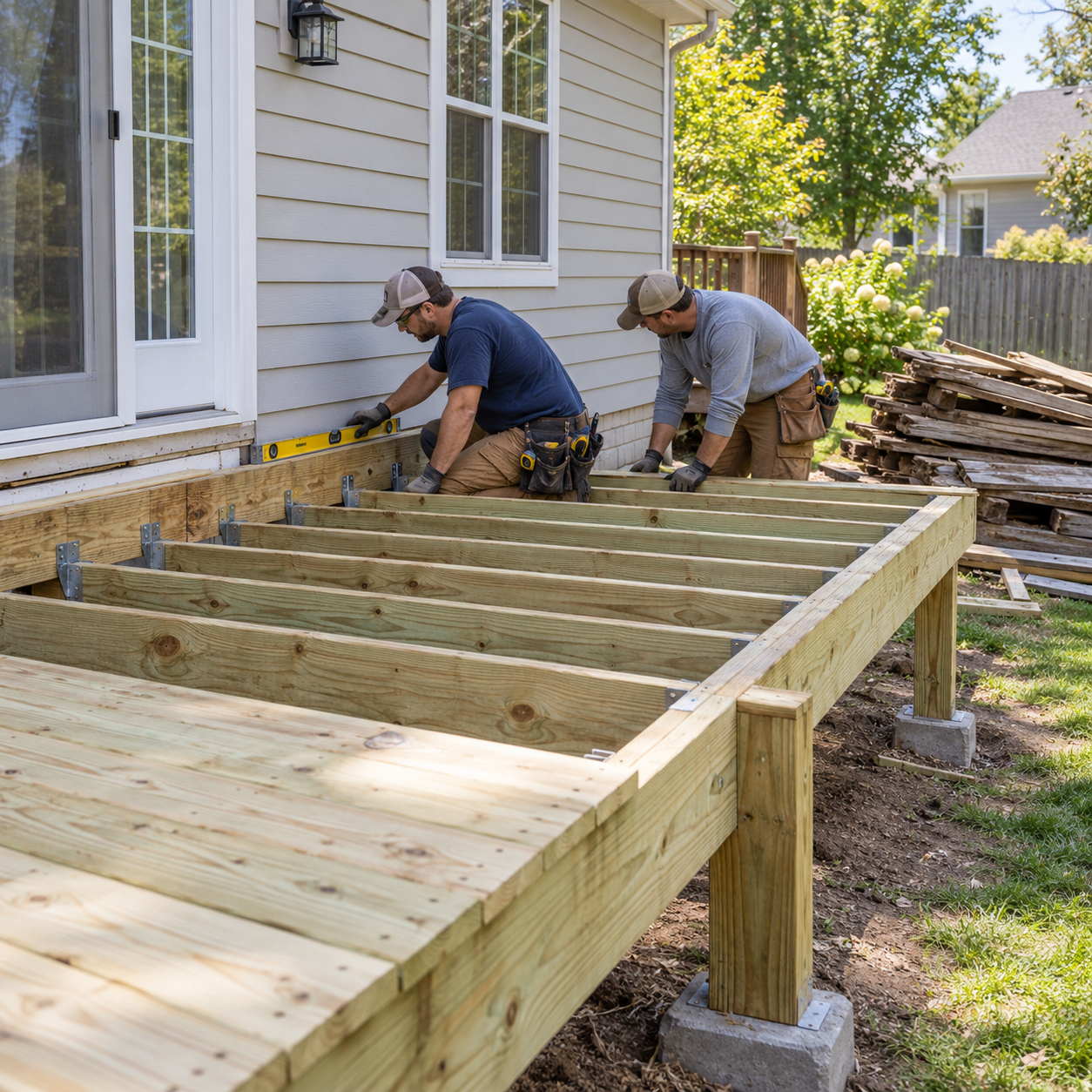 Contractors rebuilding the structural frame of a residential wood deck