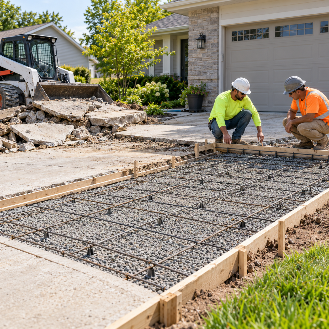 Contractors preparing reinforcement and forms for a residential concrete driveway replacement