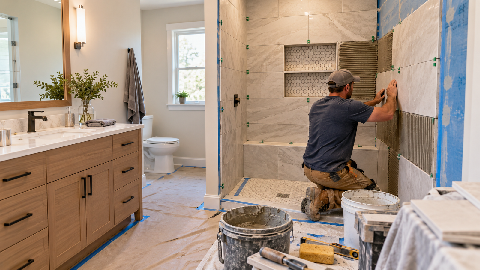 Professional contractor installing wall tile during a residential bathroom remodel