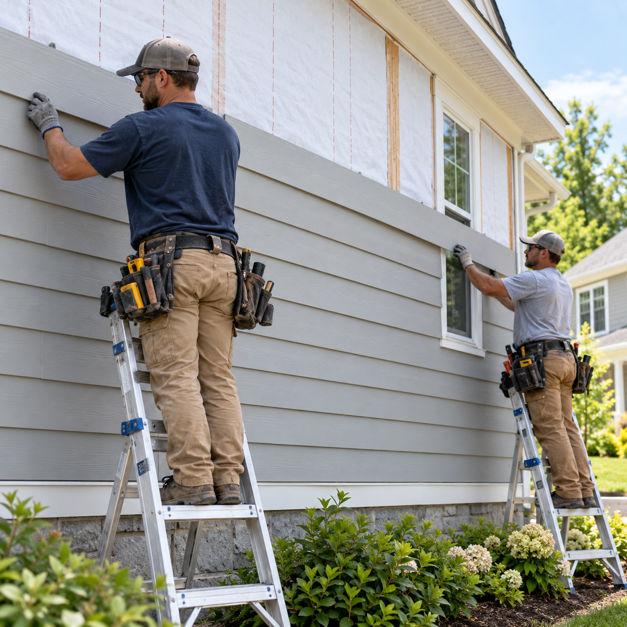 Professional contractors installing new exterior siding on a residential house