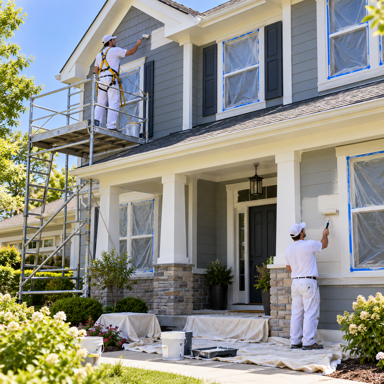 Professional painters painting the exterior of a two-story house