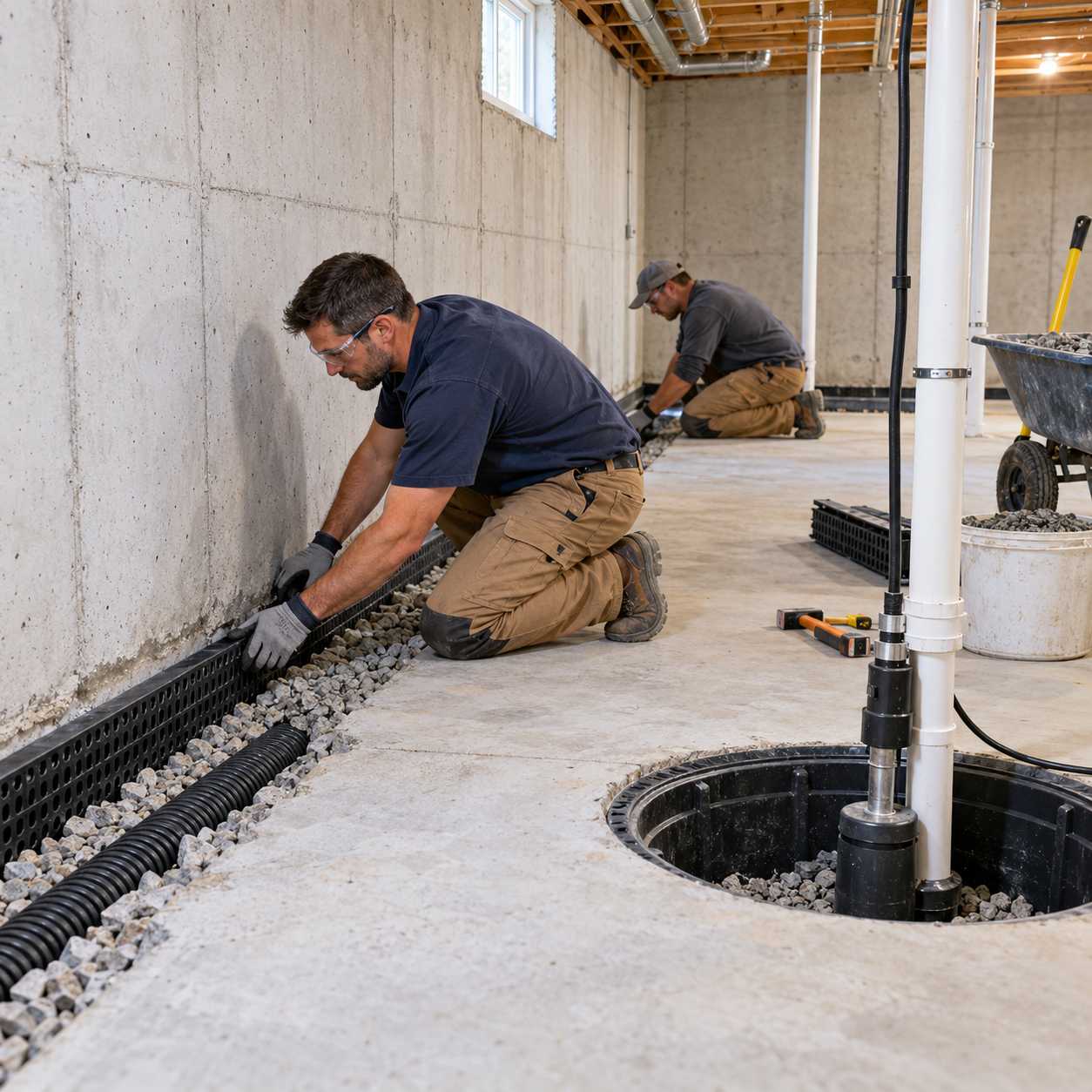 Contractors installing basement waterproofing drainage and a sump pump