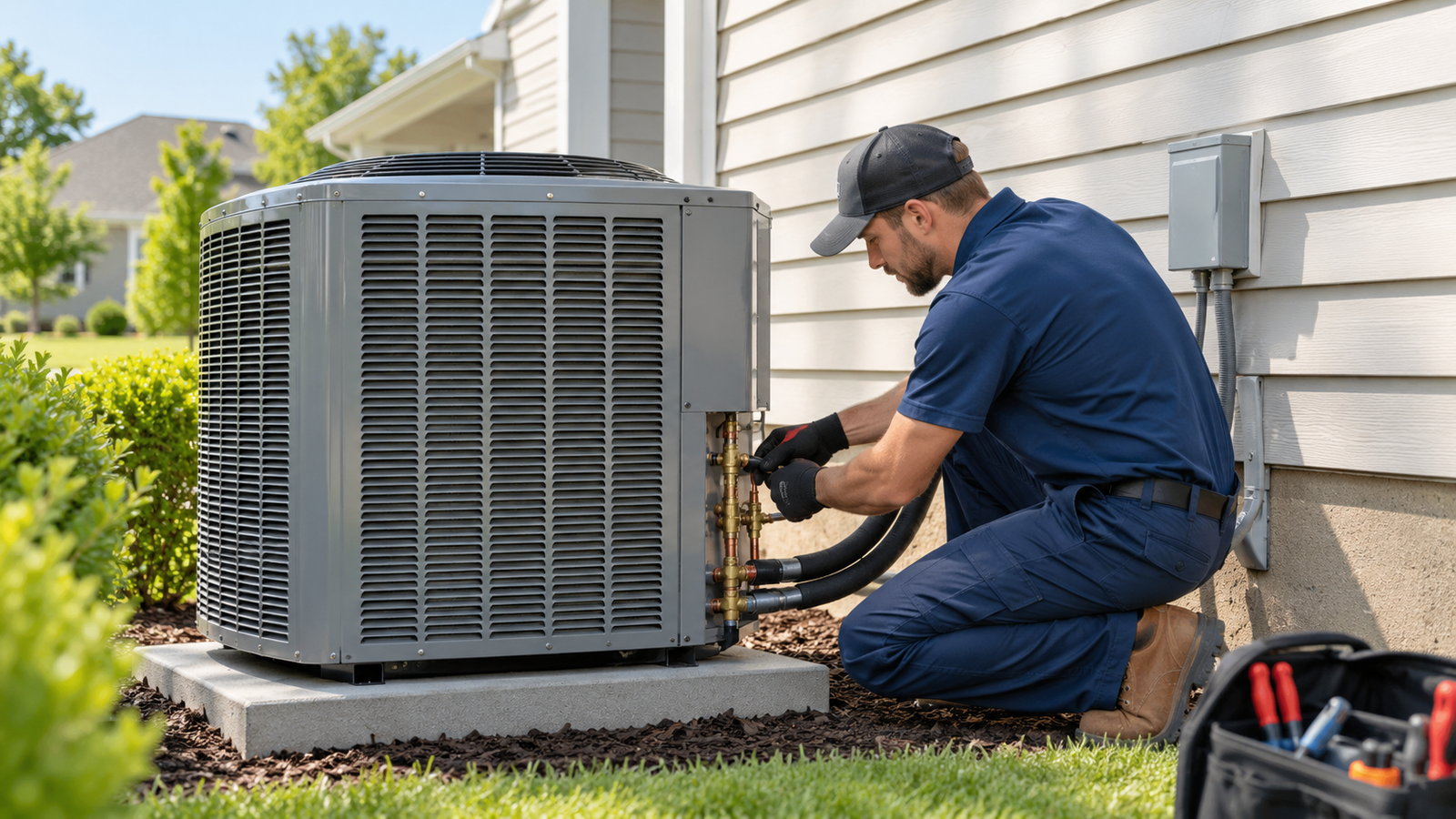 HVAC technician installing a replacement central air conditioner beside a US home