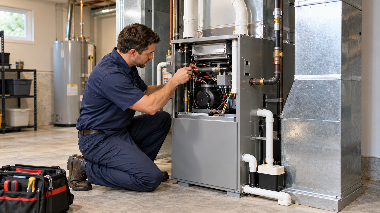 HVAC technician installing a replacement furnace in a US home