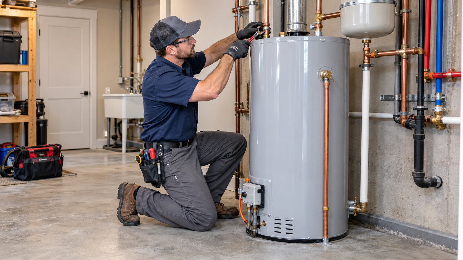 Plumber installing a replacement tank water heater in a home utility room