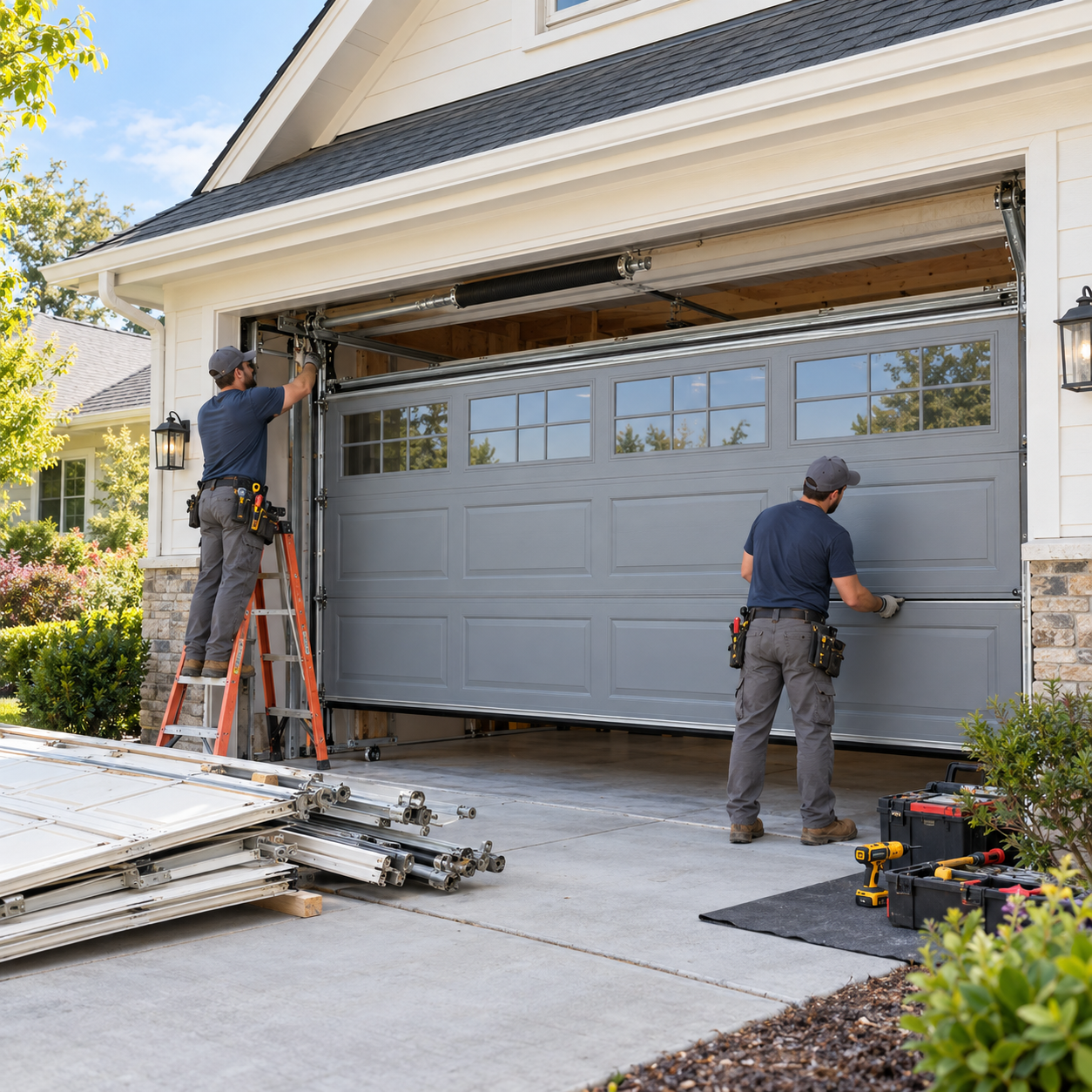 Professional installers replacing a garage door on a suburban house