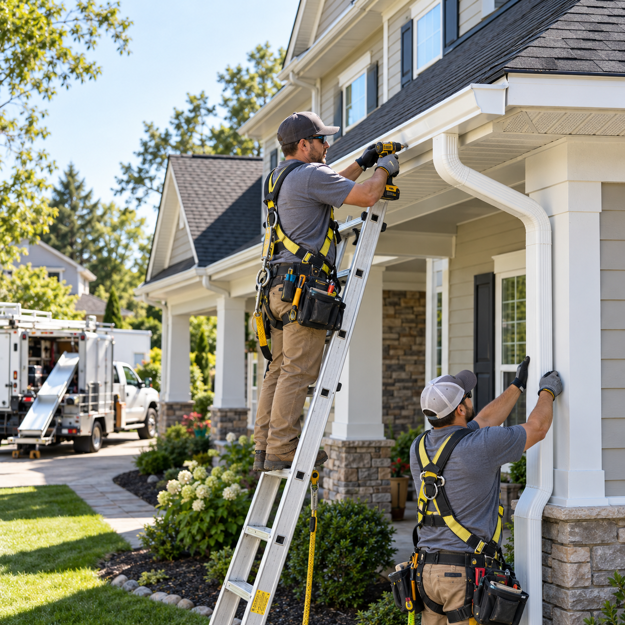 Contractors installing new gutters and a downspout on a house