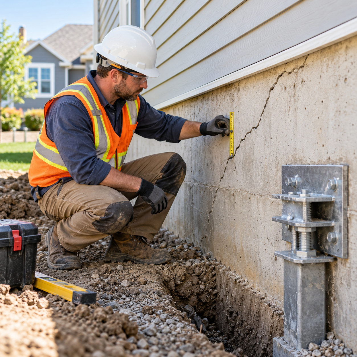 Contractor inspecting a crack in a residential concrete foundation before structural repair