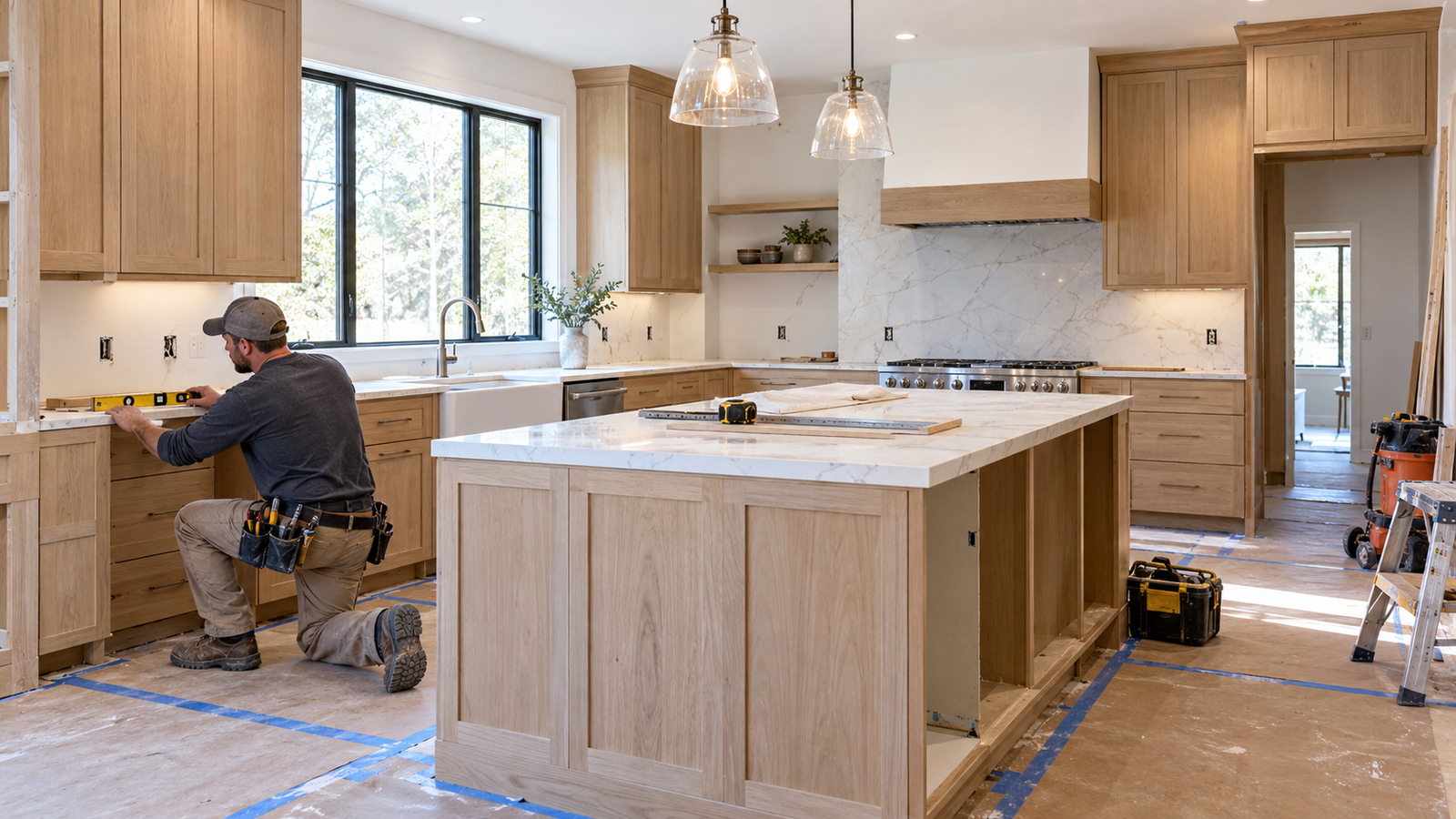 Professional contractor installing cabinets during a residential kitchen remodel