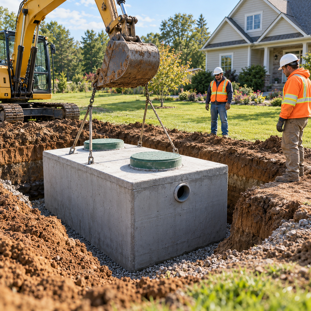 New concrete septic tank being installed beside a house