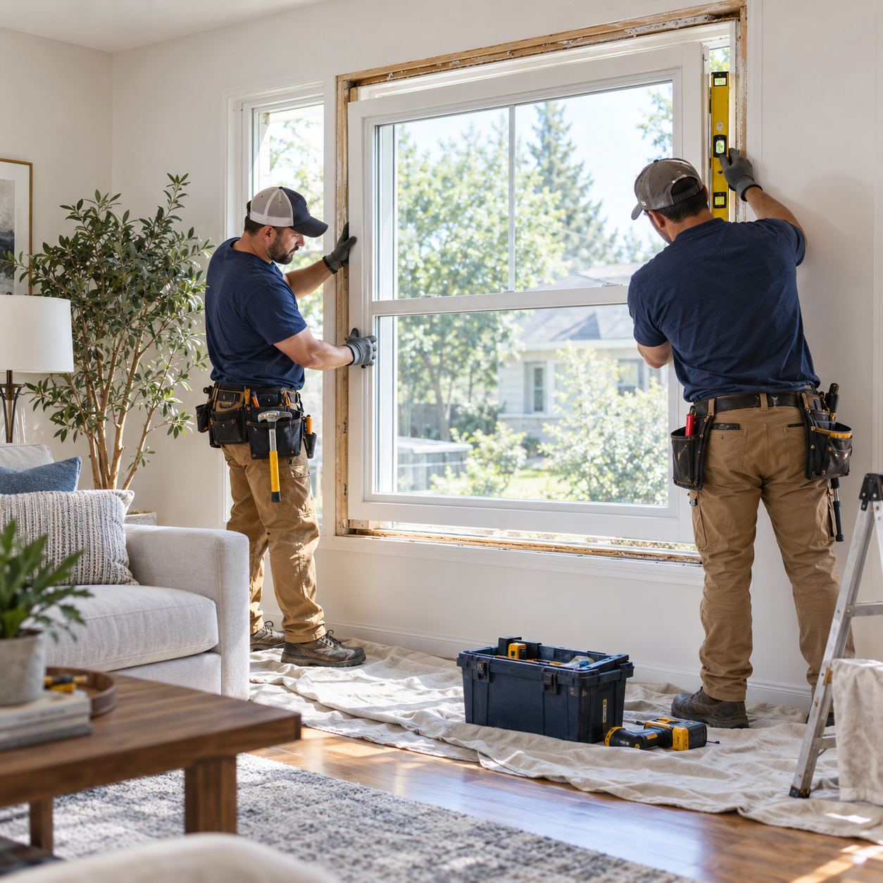 Professional installers replacing a window in a suburban home