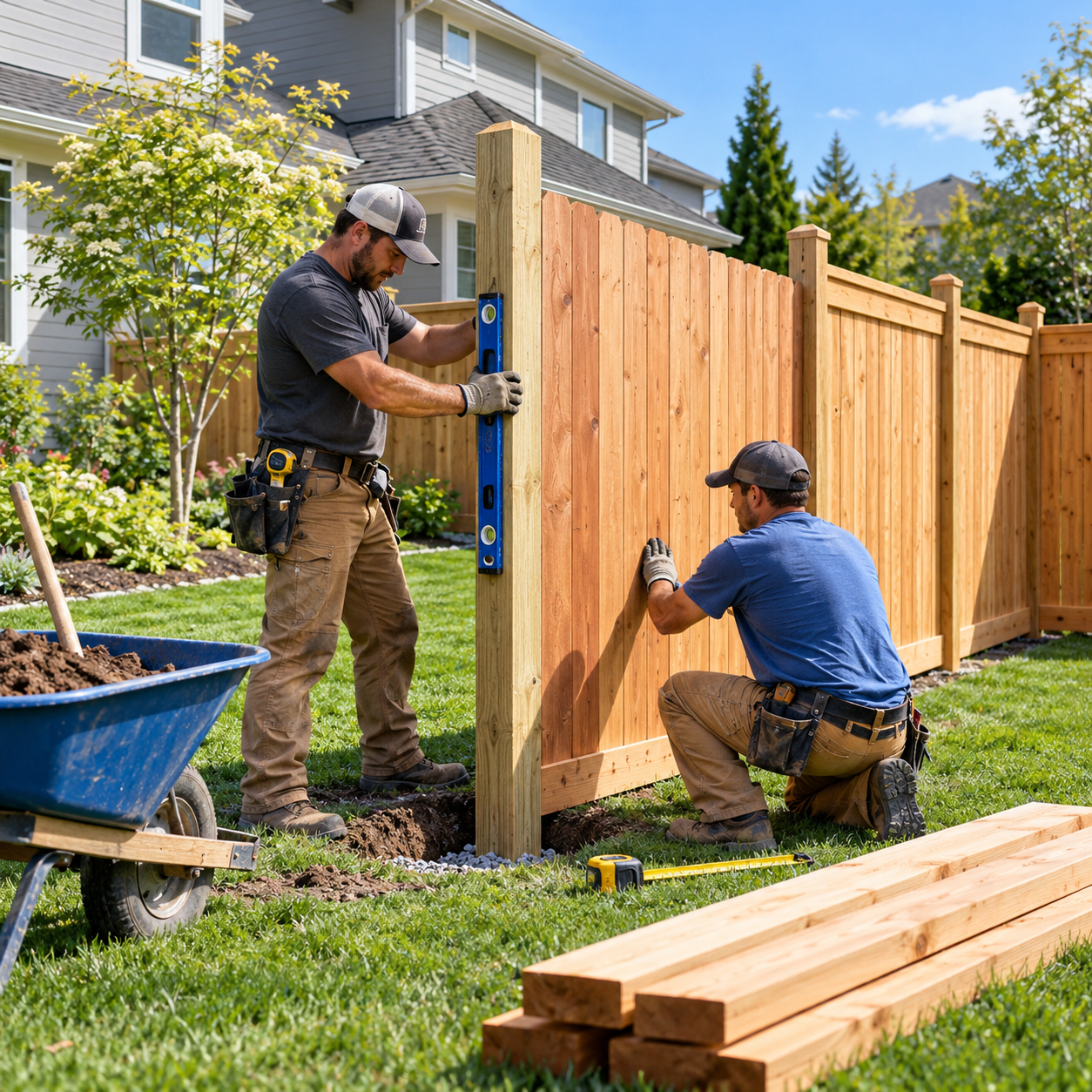 Contractors installing a wood privacy fence in a residential backyard