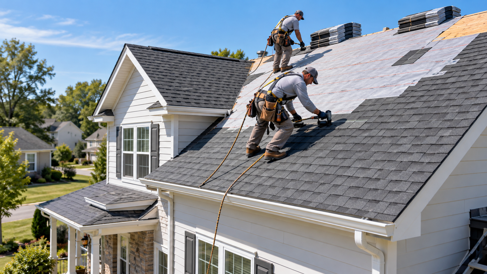 Roofing contractors installing asphalt shingles on a suburban house