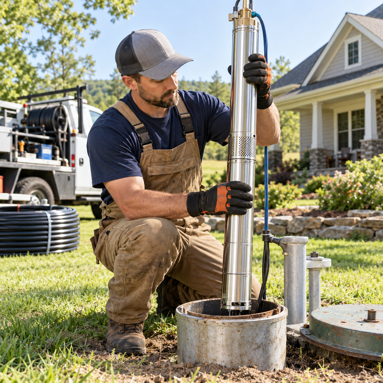 Technician installing a submersible well pump beside a house