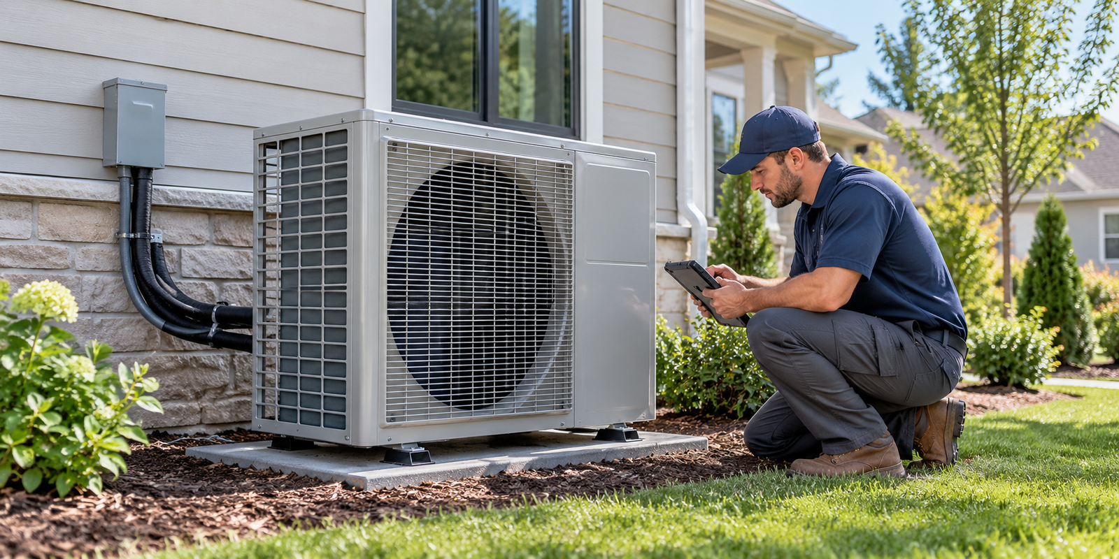 HVAC technician inspecting a residential air-source heat pump outside a US home