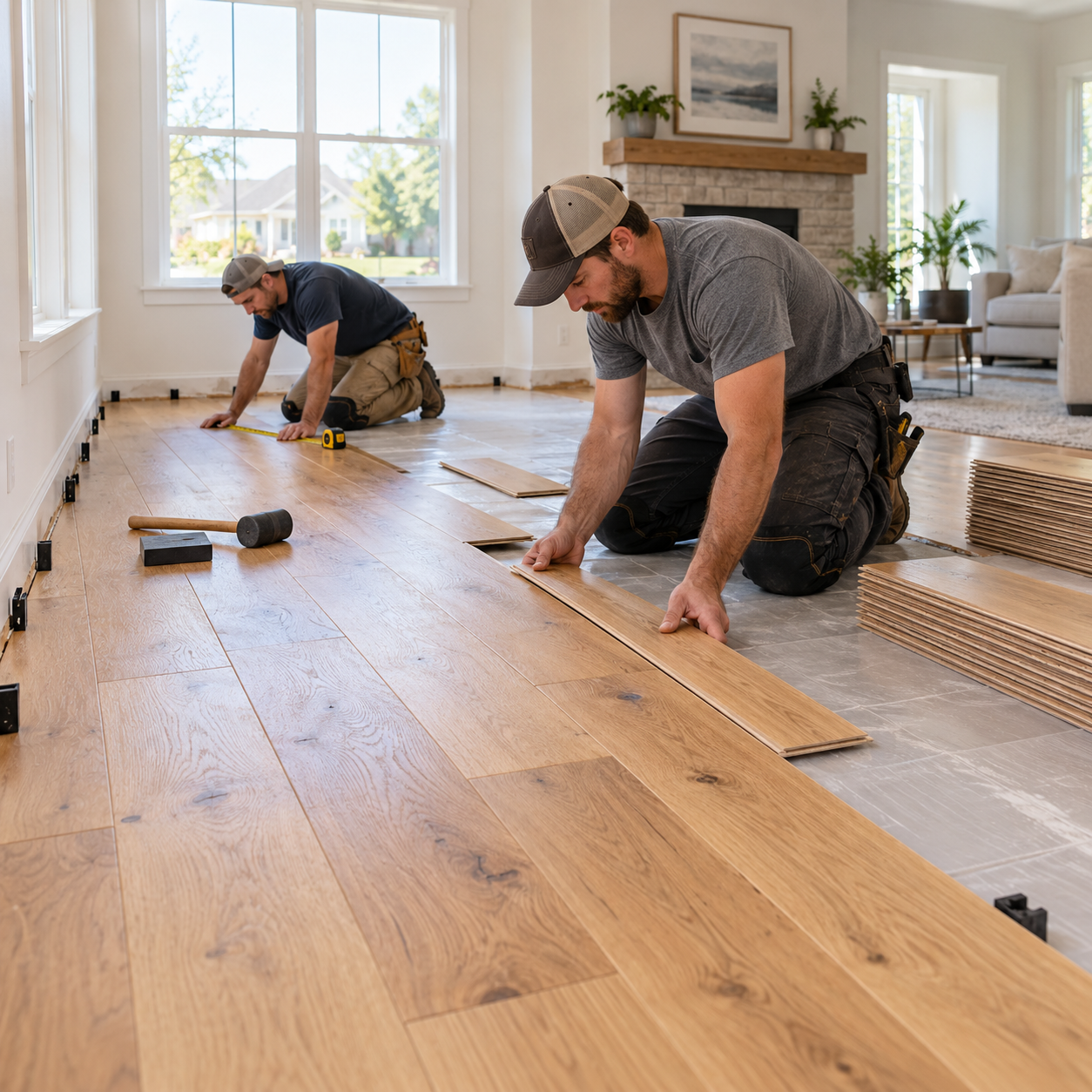 Professional installers laying wood flooring in a residential living room